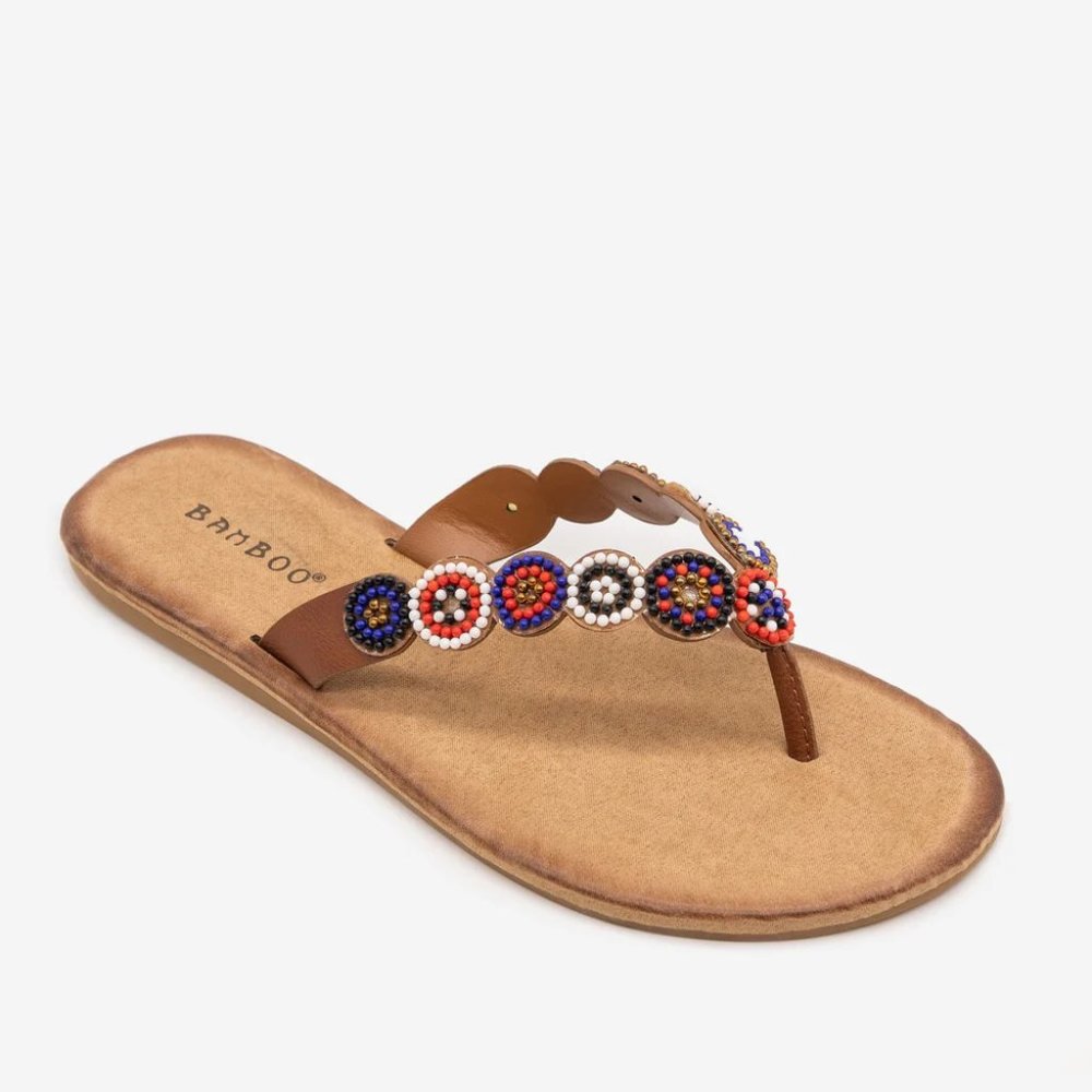 Bamboo Women Vintage Chic Beads Thong Summer Sandals - Tan - Size 8